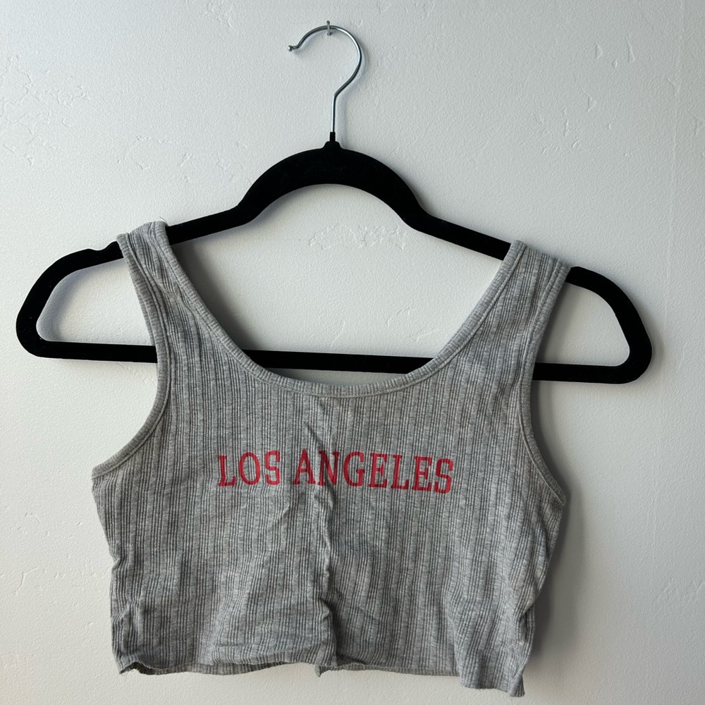 Gray Ribbed Tank Top with Red Print